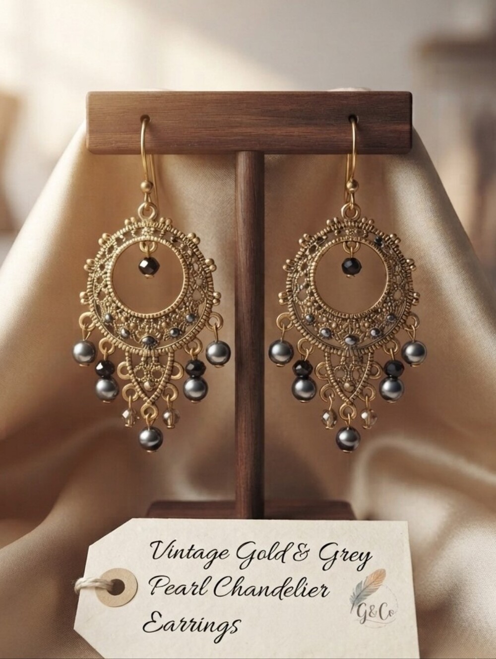 Vintage Gold & Grey Pearl Chandelier Earrings